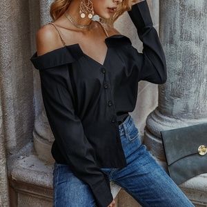Boho chic button down cold shoulder top BLACK